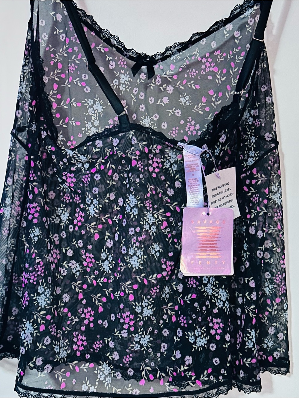 Savage X Fenty Black Satin Chemise with Pink & Purple Floral Print - Picture 4 of 4